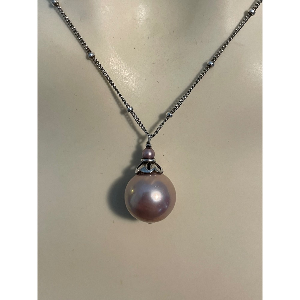 925 Sterling Silver Dainty Satellite Chain Pink Faux Pearl Pendant Necklace - Picture 4 of 7